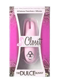 Pink silicone rabbit-shaped massager in retail box