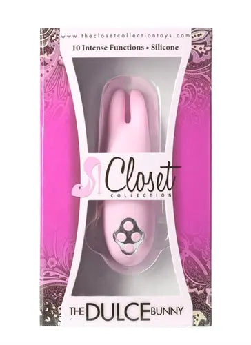 Pink silicone rabbit-shaped massager in retail box