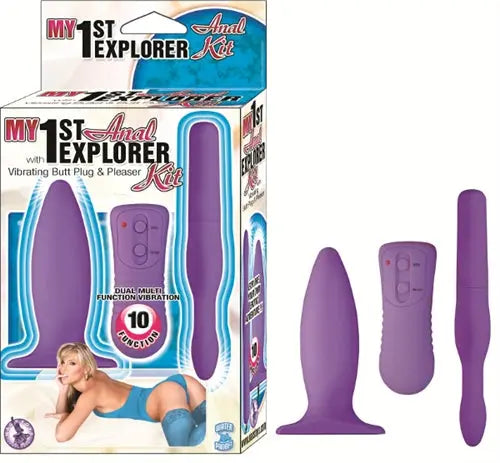 Lavender purple anal explorer kit with two vibrating silicone butt plugs