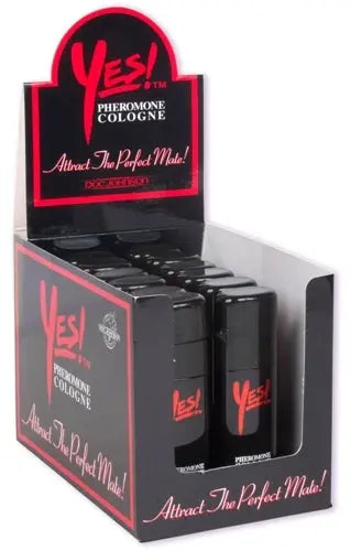 Yes Pheromone Cologne 12-piece display with multiple black fragrance bottles
