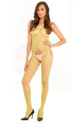 Lime industrial net suspender bodystocking with front cutout and open leg seams