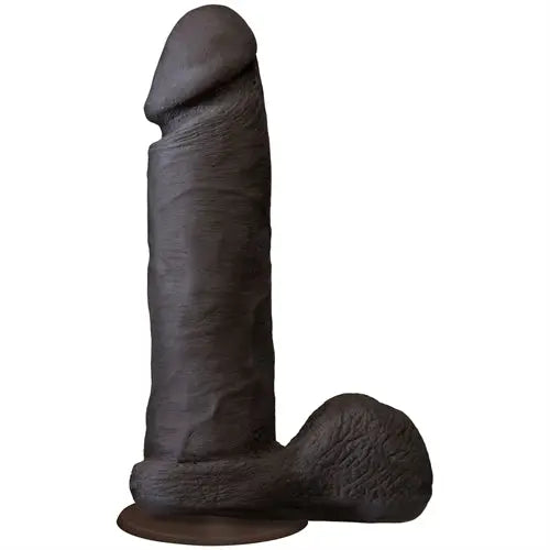 Realistic 8-inch penis toy in dark black, textured shaft with curved base