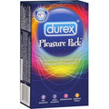 Durex Pleasure Pack condom variety box, blue with Durex logo and Pleasure Pack text