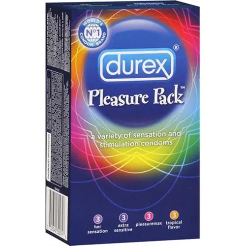 Durex Pleasure Pack condom variety box, blue with Durex logo and Pleasure Pack text