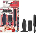 Black anal explorer butt plug set with three tapered inserts, shown in packaging