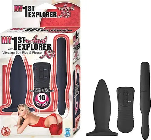 Black anal explorer butt plug set with three tapered inserts, shown in packaging