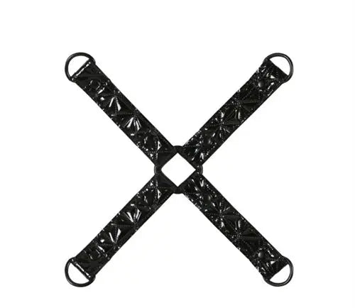 Black hogtie straps with X-crossed design and metal rings