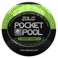 Green and black Pocket Pool straight shooter sleeve with Zolo branding, round