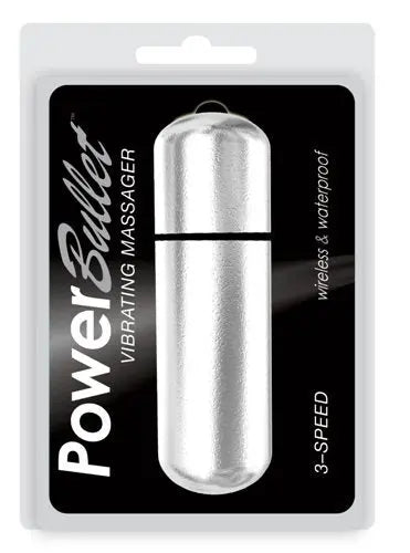 Silver 6-inch bullet massager in blister pack, cylindrical design