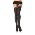 Opaque black thigh-high stockings with lace top band