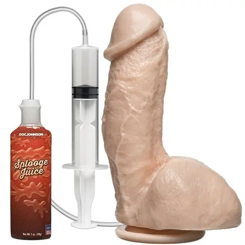 Realistic flesh-colored penis-shaped sex toy with base stand and squeeze bottle