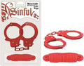 Red metal handcuffs with chain and attached rope