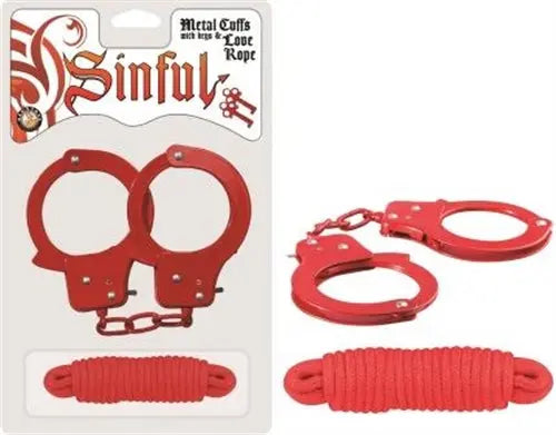 Red metal handcuffs with chain and attached rope