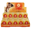 Love Button arousal balm display with 15 balm jars in cardboard tray