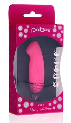 Cerise and black vibrator with jeweled texture, shown in retail packaging