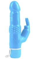 Blue rabbit-shaped touch vibrator with textured grip and rounded ears