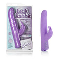 Purple silicone rabbit massager with curved design and ridged texture