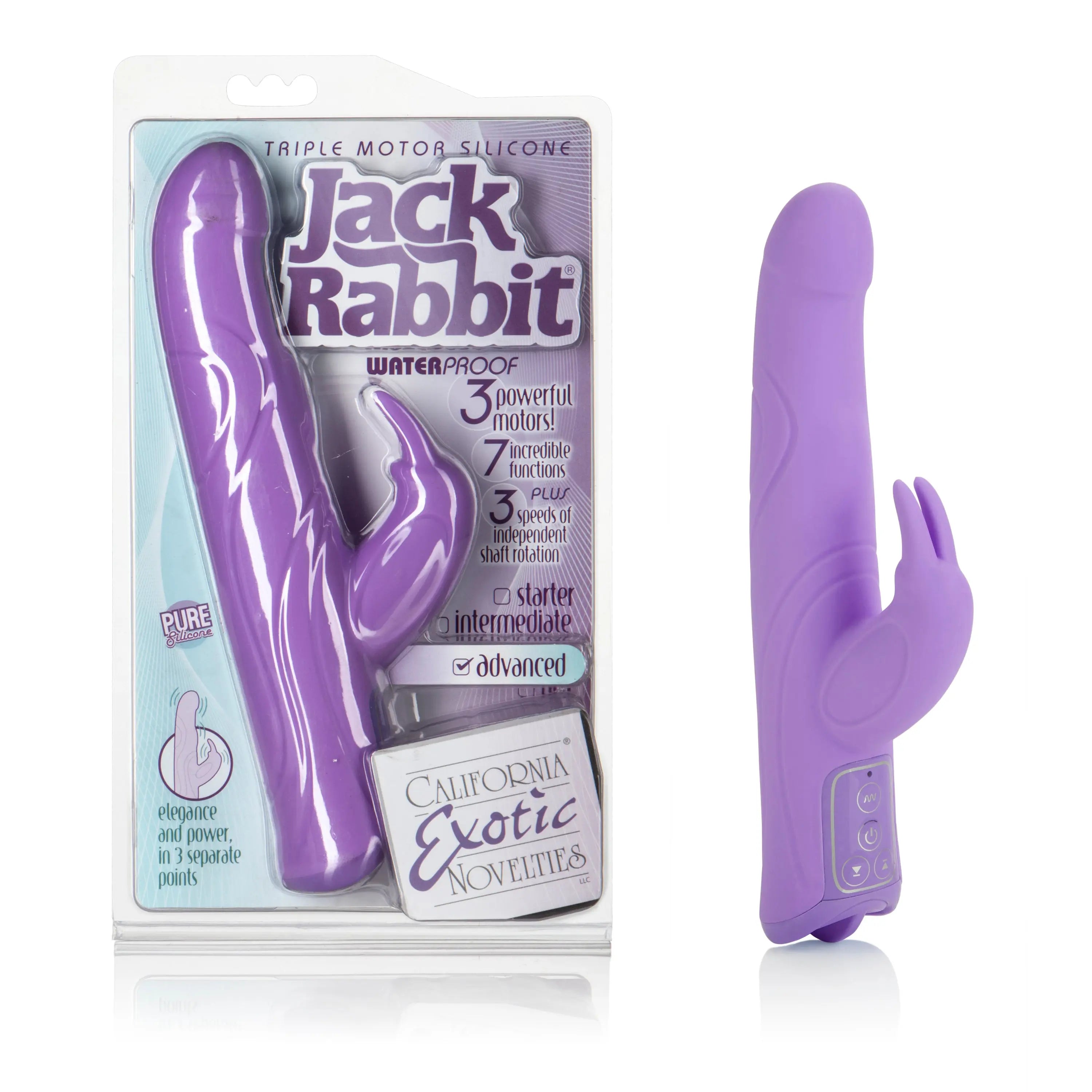 Purple silicone rabbit massager with curved design and ridged texture