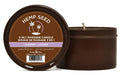 Lavender massage candle in dark brown tin with 3-in-1 lid, hemp seed label