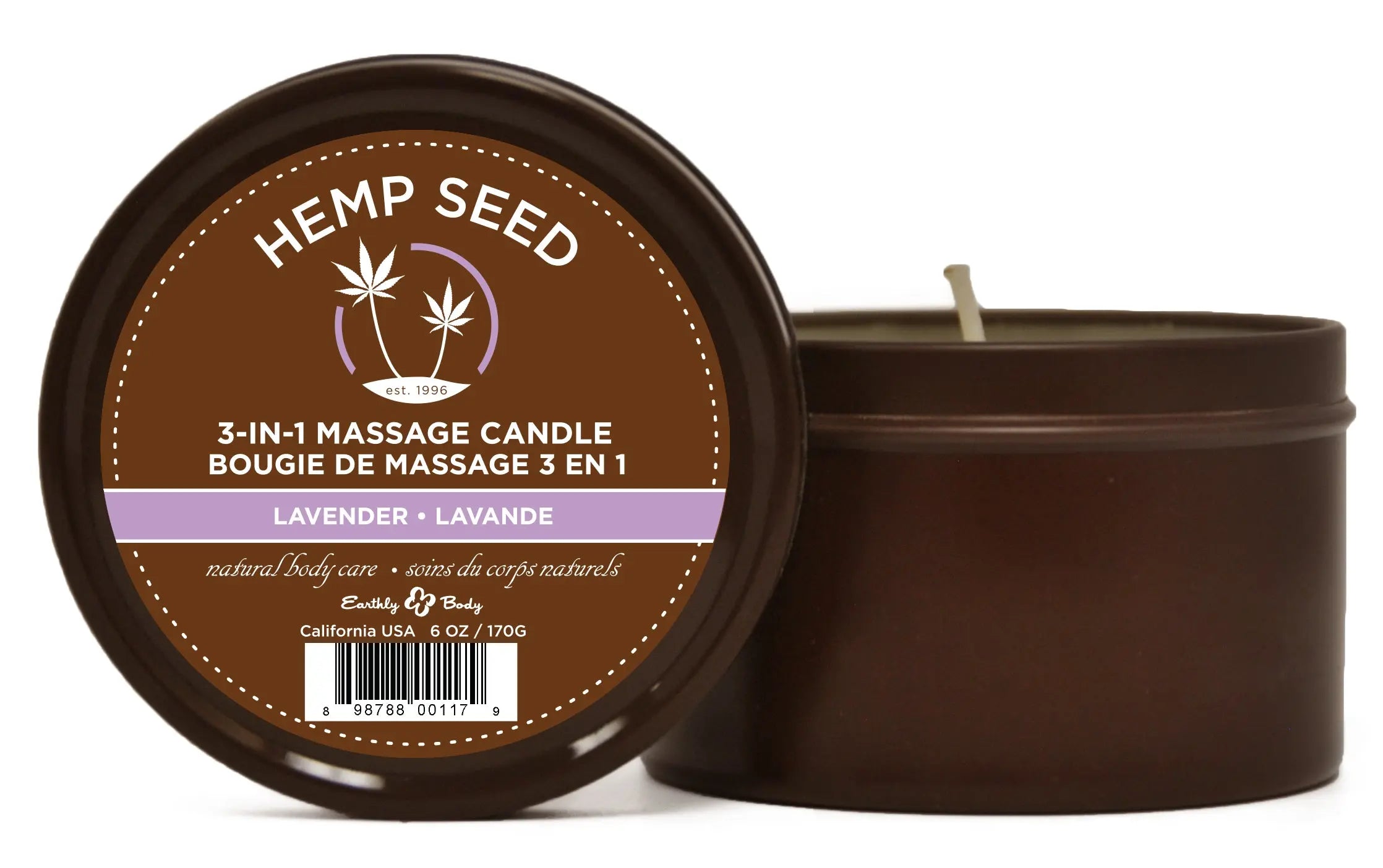 Lavender massage candle in dark brown tin with 3-in-1 lid, hemp seed label