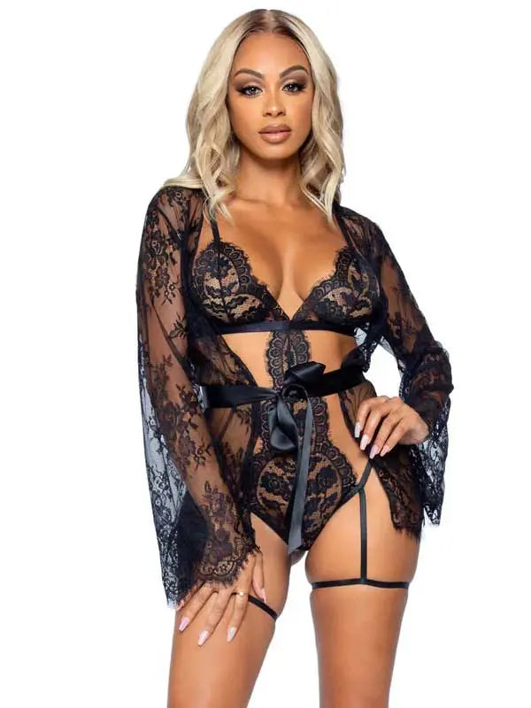All Romance Lace Teddy and Robe Set - Large - Black – body-safe materials | Fu'Cha Exotics