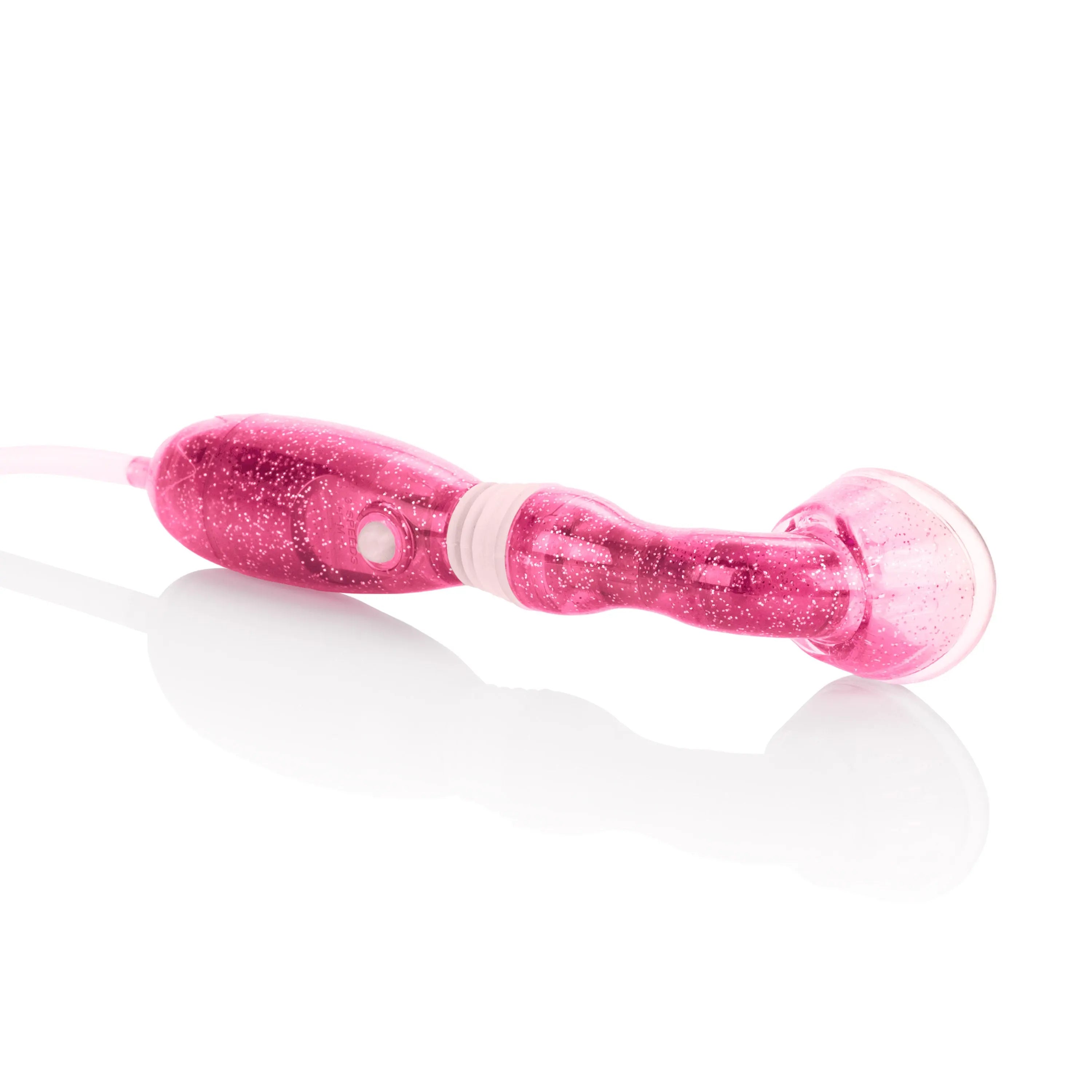Pink clitoral pump with glitter handle and clear suction tip
