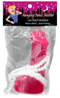 Pink hanging novelty shooter with white pearl necklace