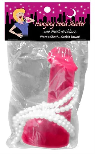 Pink hanging novelty shooter with white pearl necklace