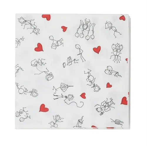 Stick figure napkins, white with red hearts and line-drawn characters, pack of 8