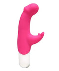 Hot pink handheld mini vibe massager with curved head and white base