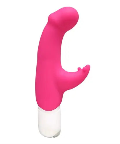 Hot pink handheld mini vibe massager with curved head and white base