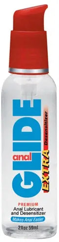 Anal Glide Extra 2 oz pump bottle with red top, blue and white label