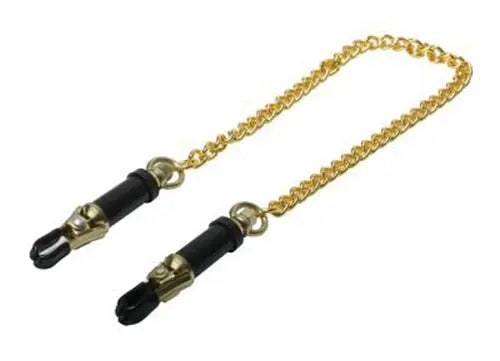 Gold adjustable nipple clamps with black pads and linked chain straps