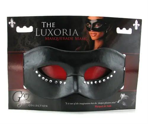 Dark masquerade mask with red eye cutouts and silver rhinestone trim