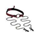 Open-mouth gag with clamps, black and red patterned strap, metal ring and chain