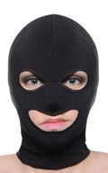 Black spandex hood mask with eye and mouth openings