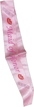 Pink satin maid of honor sash with embroidered red lettering and small badge detail
