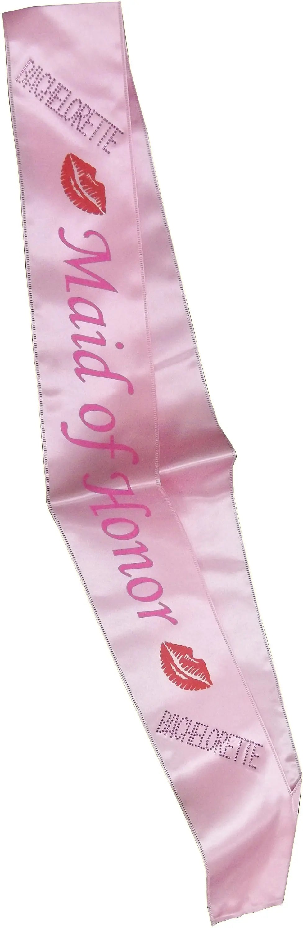 Pink satin maid of honor sash with embroidered red lettering and small badge detail