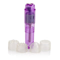 Purple translucent waterproof mini massager with interchangeable caps and massage heads