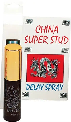 Delay spray bottle with gold body and black cap, labeled China Super Stud with dragon graphic.