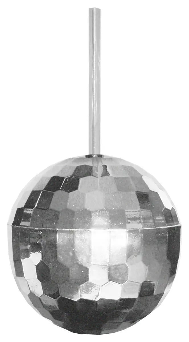 Disco ball cup, mirrored silver sphere with straight straw