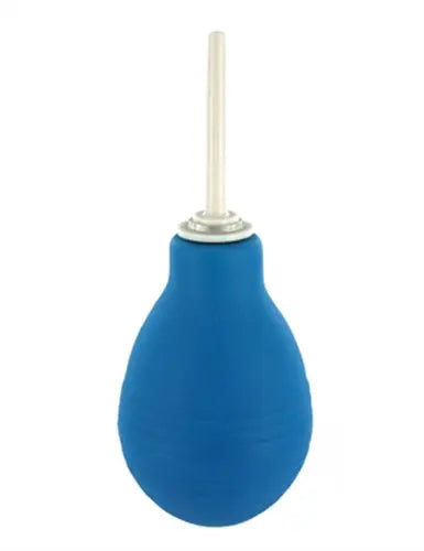 Blue rubber enema bulb with clear plastic nozzle and stem