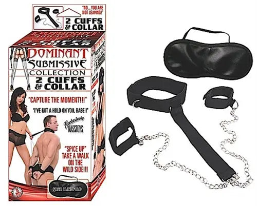 Black faux leather cuffs and collar set with attached chain