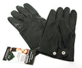 Black faux-leather vampire gloves with button cuffs and textured finger seams