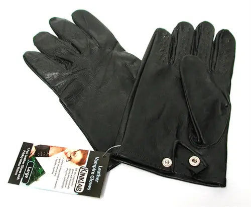 Black faux-leather vampire gloves with button cuffs and textured finger seams