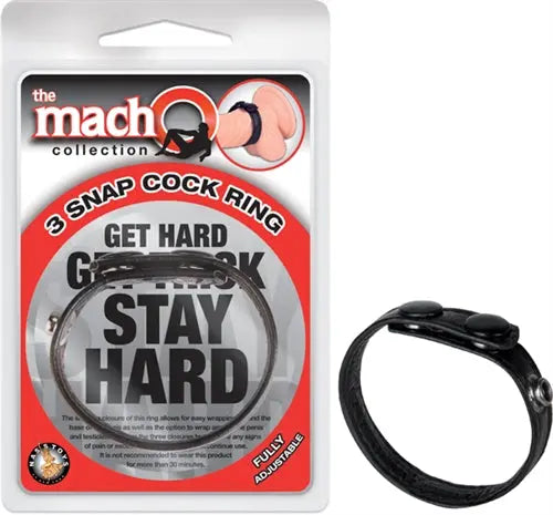 Black 3-snap cock ring with textured band and three snap closures