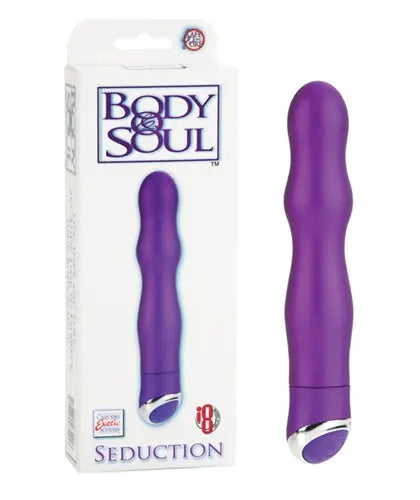 Purple silicone massage wand vibrator with smooth curved handle and rounded base