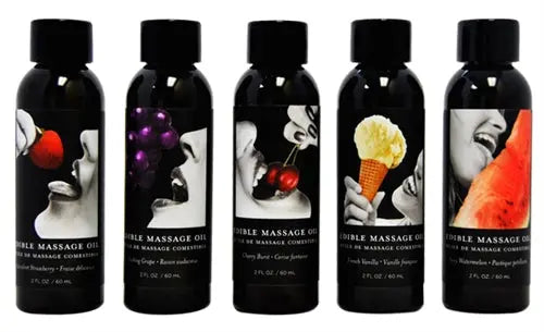Edible massage oil bottles, black with colorful label art, assorted flavors (2 fl oz)