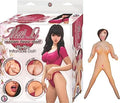 Life-size inflatable love doll with long black hair, pink top, nude body and legs