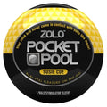 Yellow Pocket Pool ball with Zolo Susie Cue label and On-The-Go sleeve
